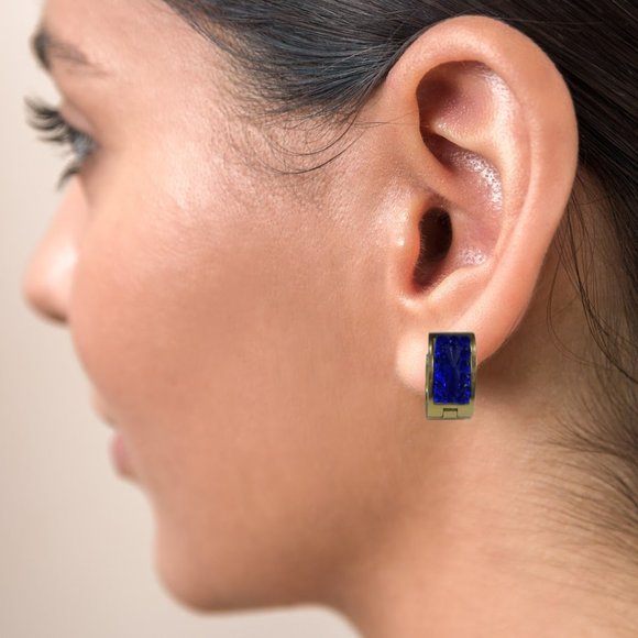 Gold Plated Stainless Steel Round Huggies Earrings Dark Blue Pave Crystals - Picture 3 of 3